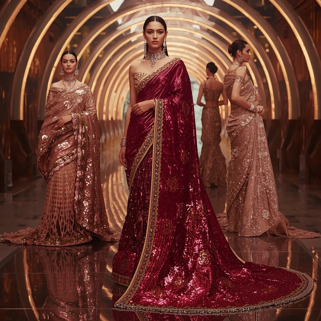 Ruby Prism Metallic Saree with Curved Neon Arc Infinity Crystal Cathedral | Text To Image Prompt
