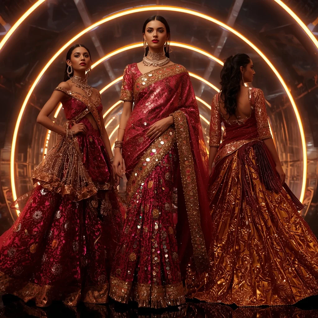 Ruby Prism Metallic Saree with Curved Neon Arc Infinity Fortress | Ai Video Generator Prompt