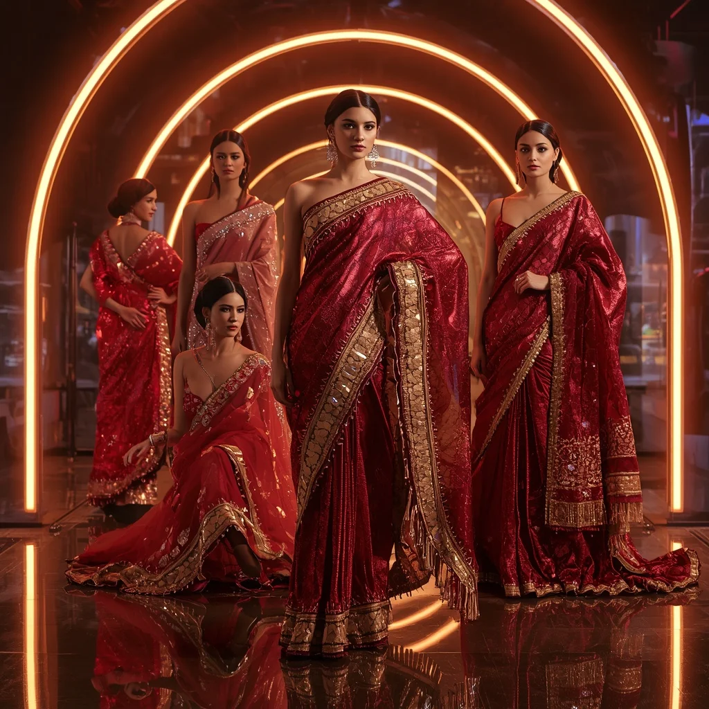 Ruby Prism Metallic Saree with Curved Neon Arc Sanctuary | 4k Ai Prompt