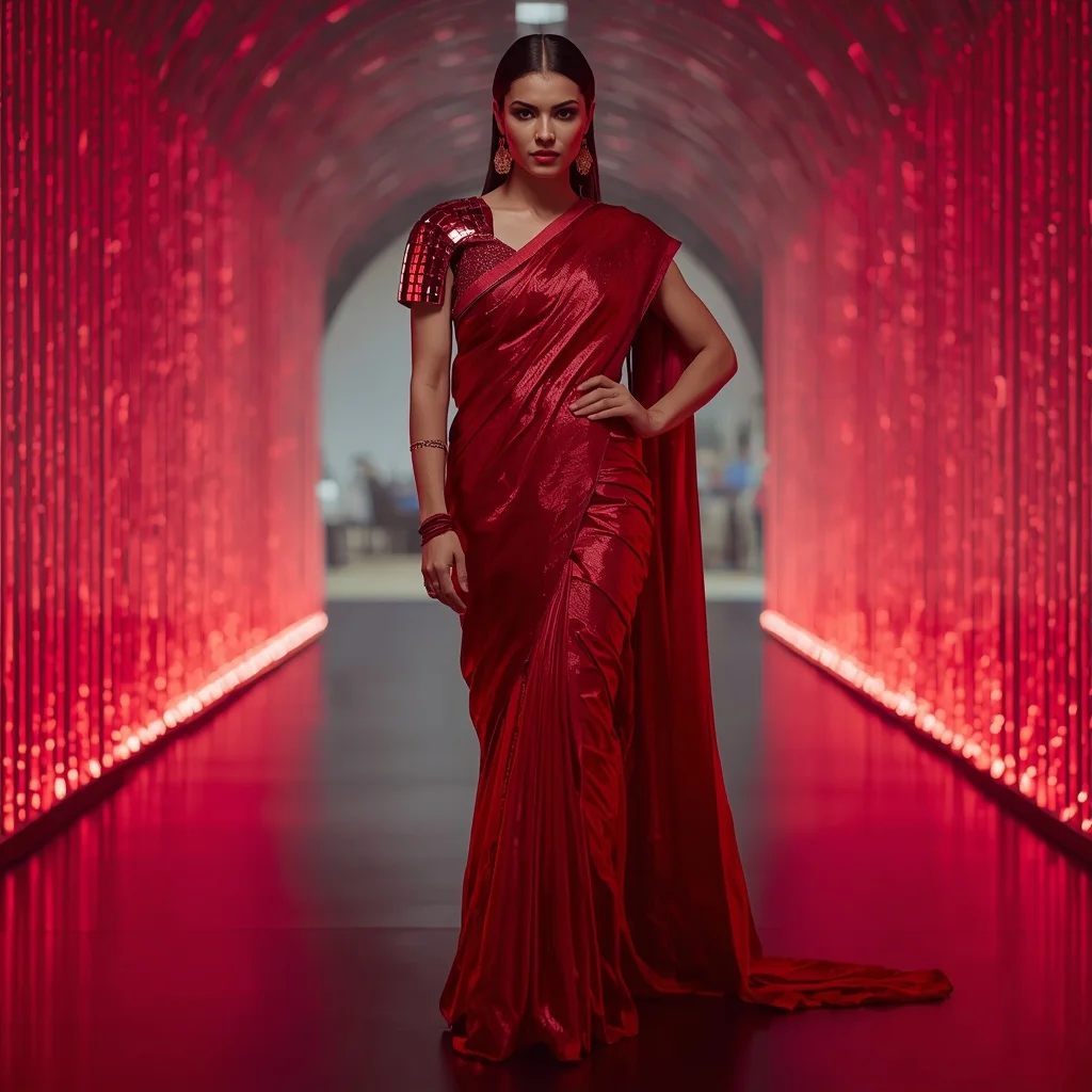 Ruby Red Armor-Drape Saree in Digital Waterfall Gallery | Ideogram Ai Prompt