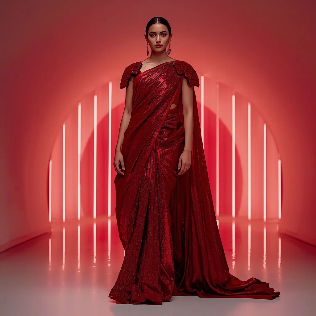 Ruby Red Armor-Drape Saree with Digital Waterfall Gallery | Prompt For Traditional Look On Instagram