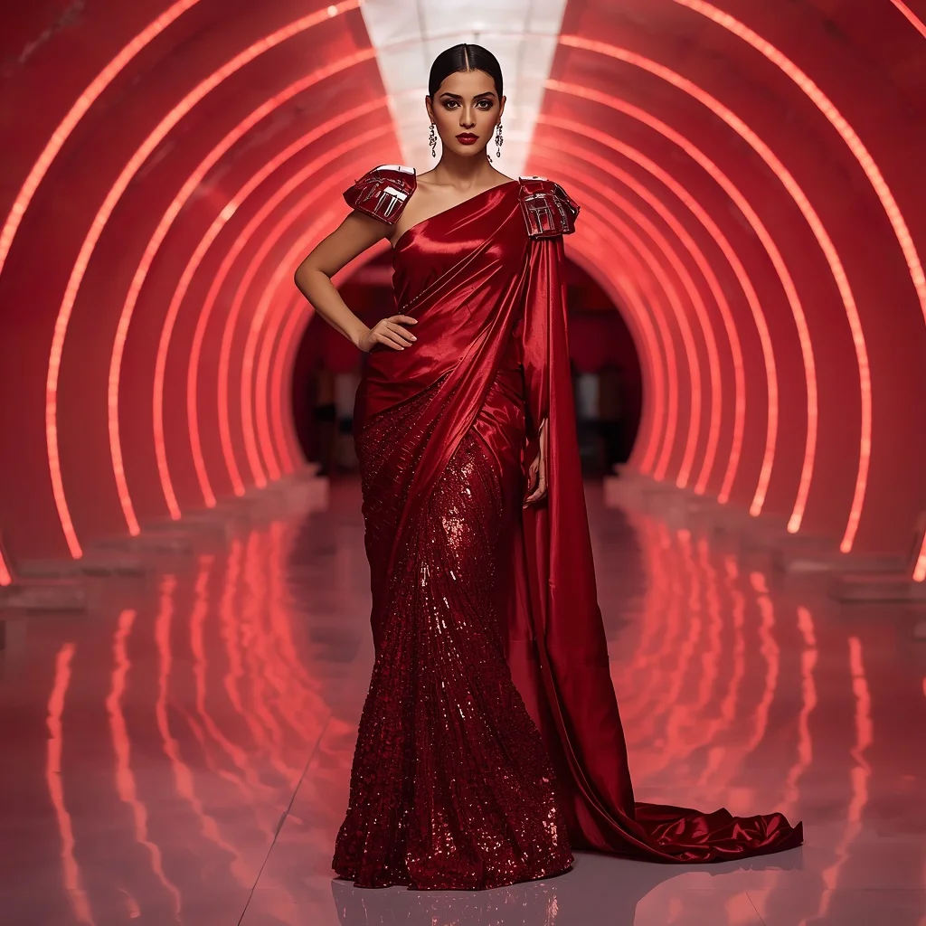 Ruby Red Armor-Drape Saree with Digital Waterfall Gallery | Stable Diffusion Prompt