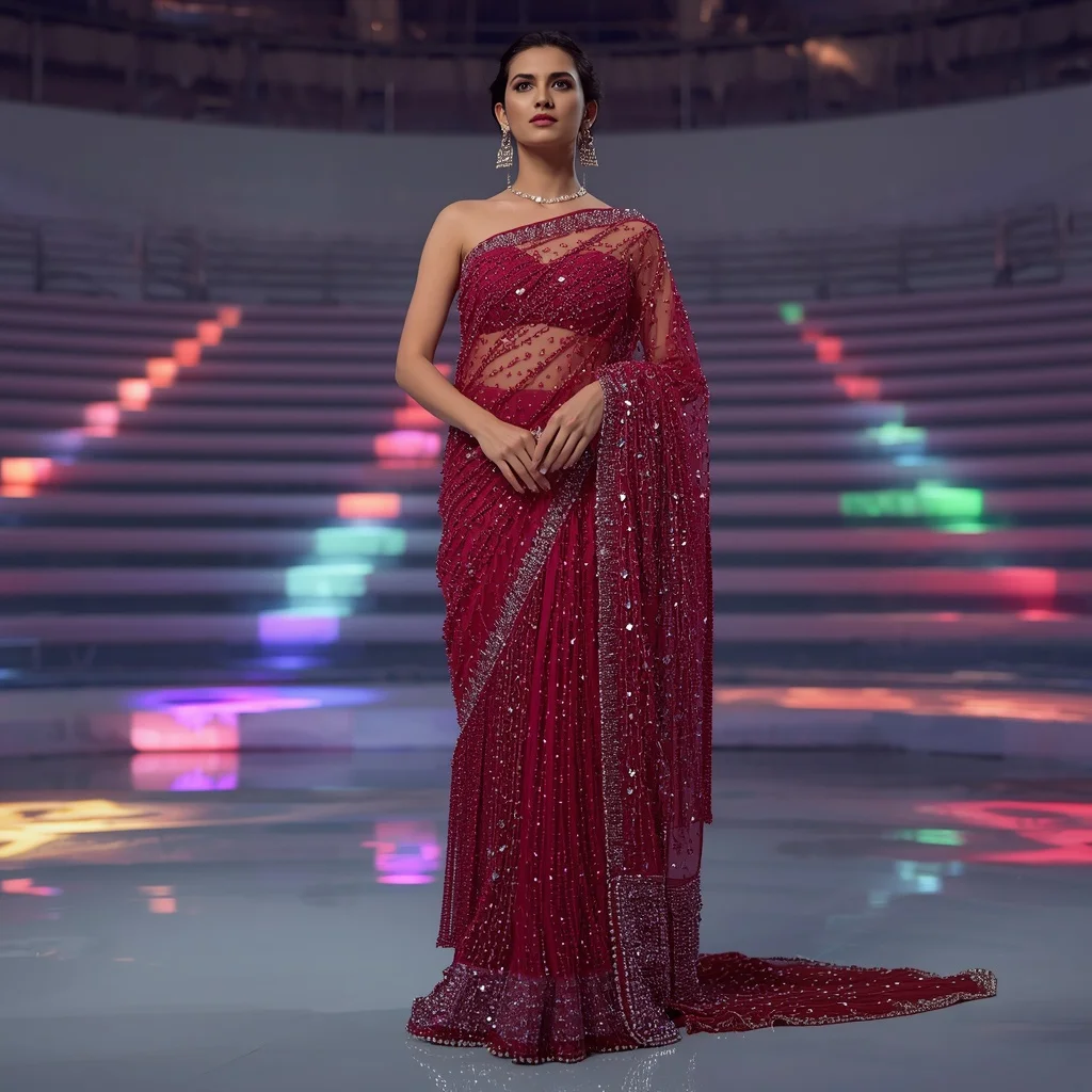 Ruby Red Net Saree with Swarovski Overload and Beaded Fringes | Gemini Ai Photo