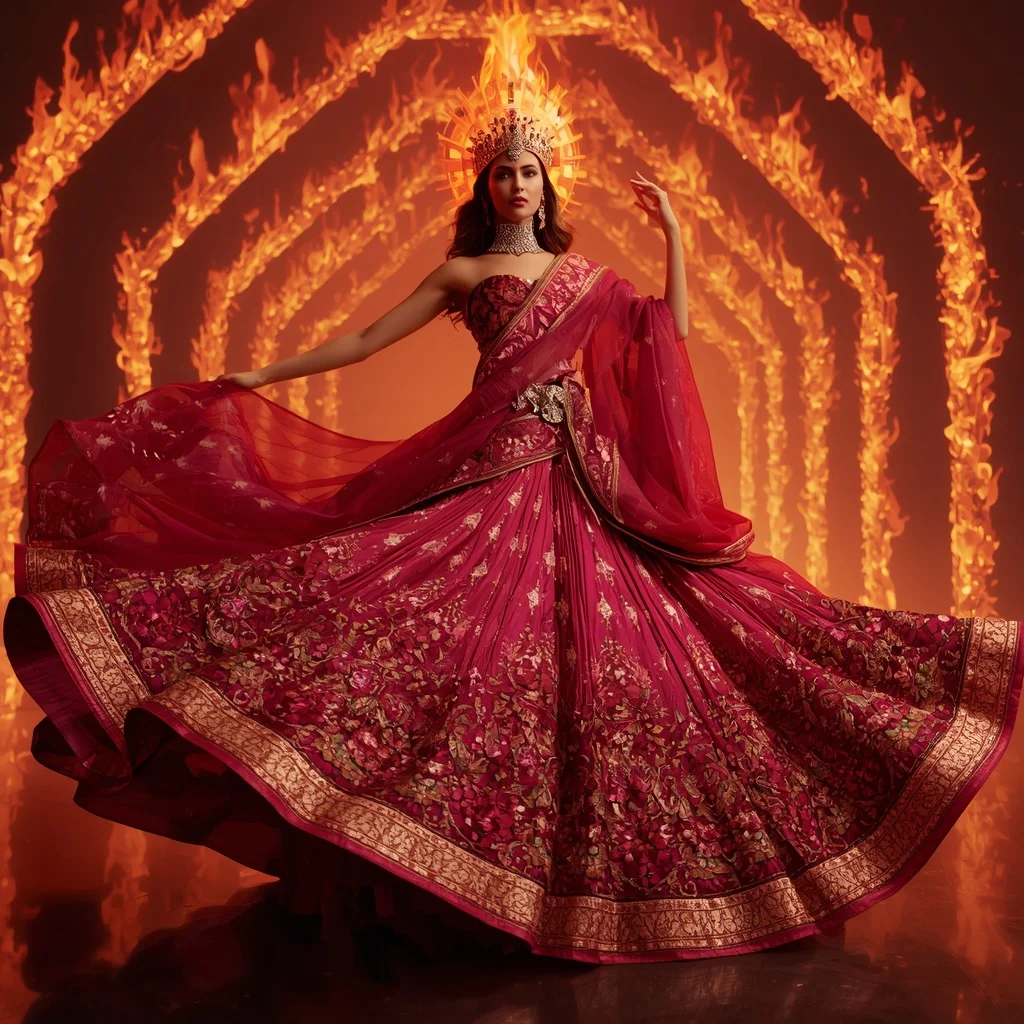 Ruby Solar Crown Saree with Floating Fire Arches and Inferno Royal Sanctuary | Trending Girl Photo Prompt