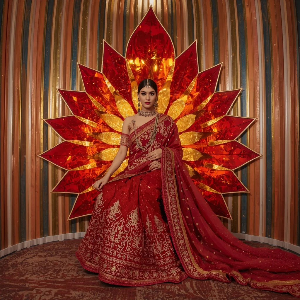 Ruby Solar Solaris Lotus Festival Saree with Luxe Flame Prism Crown Aurelia Eternum Palace | Midjourney V6 Girl Prompt