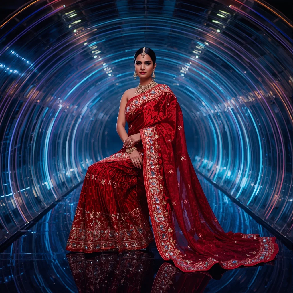 Ruby Titan Bloom Saree with Infinity Glass Fortress | Tiktok Viral Girl Prompt