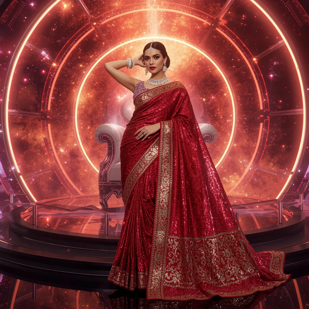 Ruby Titanium Astral Hyperempress Saree with Quantum Prism Halo Solaris Throne | Art Ai Prompt