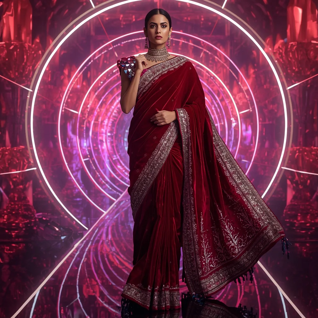 Ruby Velvet Galaxy Saree with Infinity Dome Neon Crystal Empire | Girls Trending Prompt Gemini Instagram