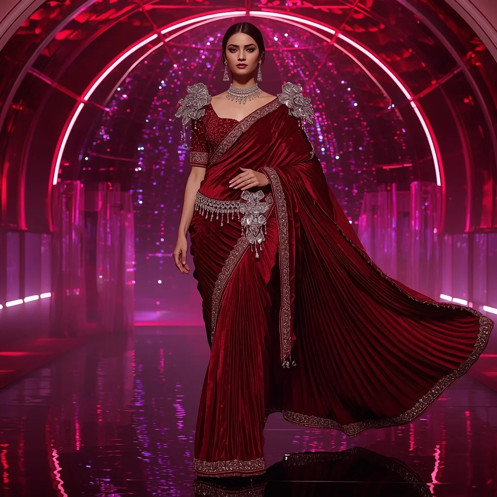 Ruby Velvet Galaxy Saree with Infinity Dome Sanctuary | Fantasy Ai Prompt