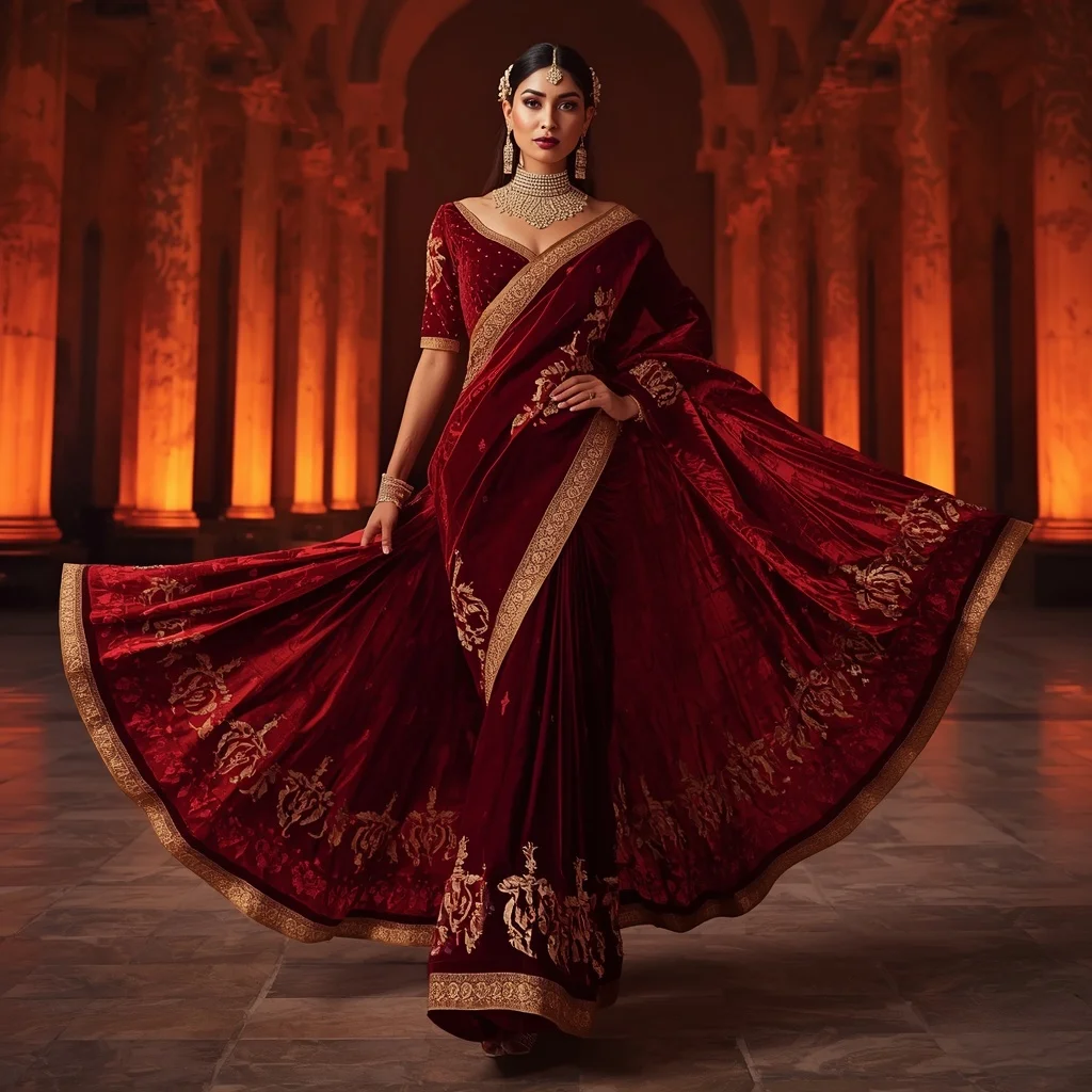 Ruby Velvet Inferno Rift Saree – Heavy Bridal Festival Saree with Fierce Royal Walk Pose and Inferno Rift Palace Background | Fitness Model Ai Prompt