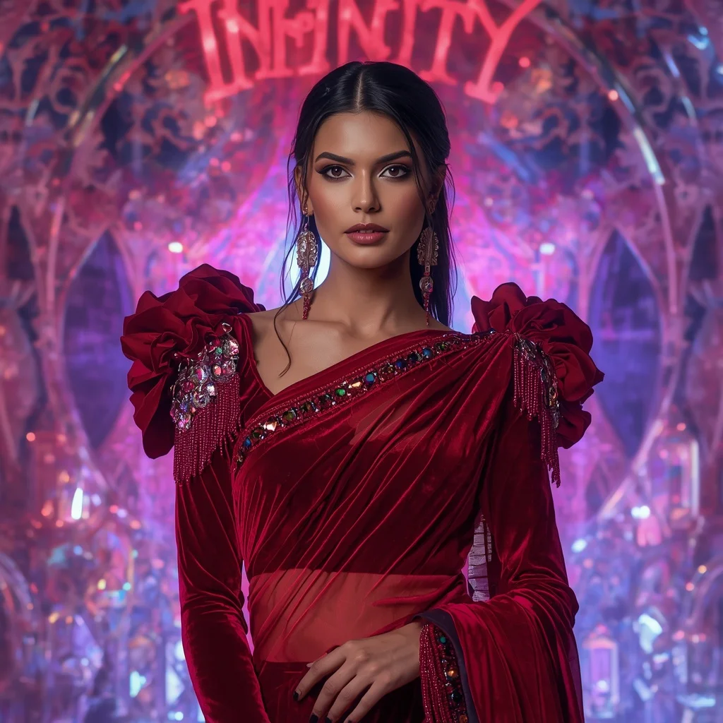 Ruby Velvet Prism Saree with Infinity Dome Neon Crystal Palace | Instagram Carousel Ai Prompt