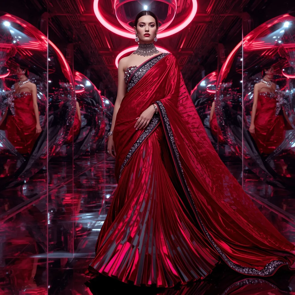 Ruby Voltage Eclipse Saree with Mirror Sphere Neon Universes | Trending Prompt Girls ChatGPT
