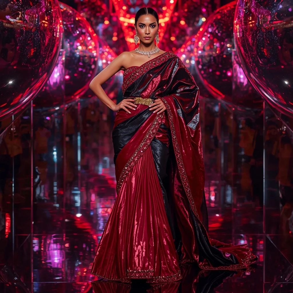 Ruby Voltage Infinity Saree with Mirror Sphere Galaxy Hall | Ai Prompt Generator Free