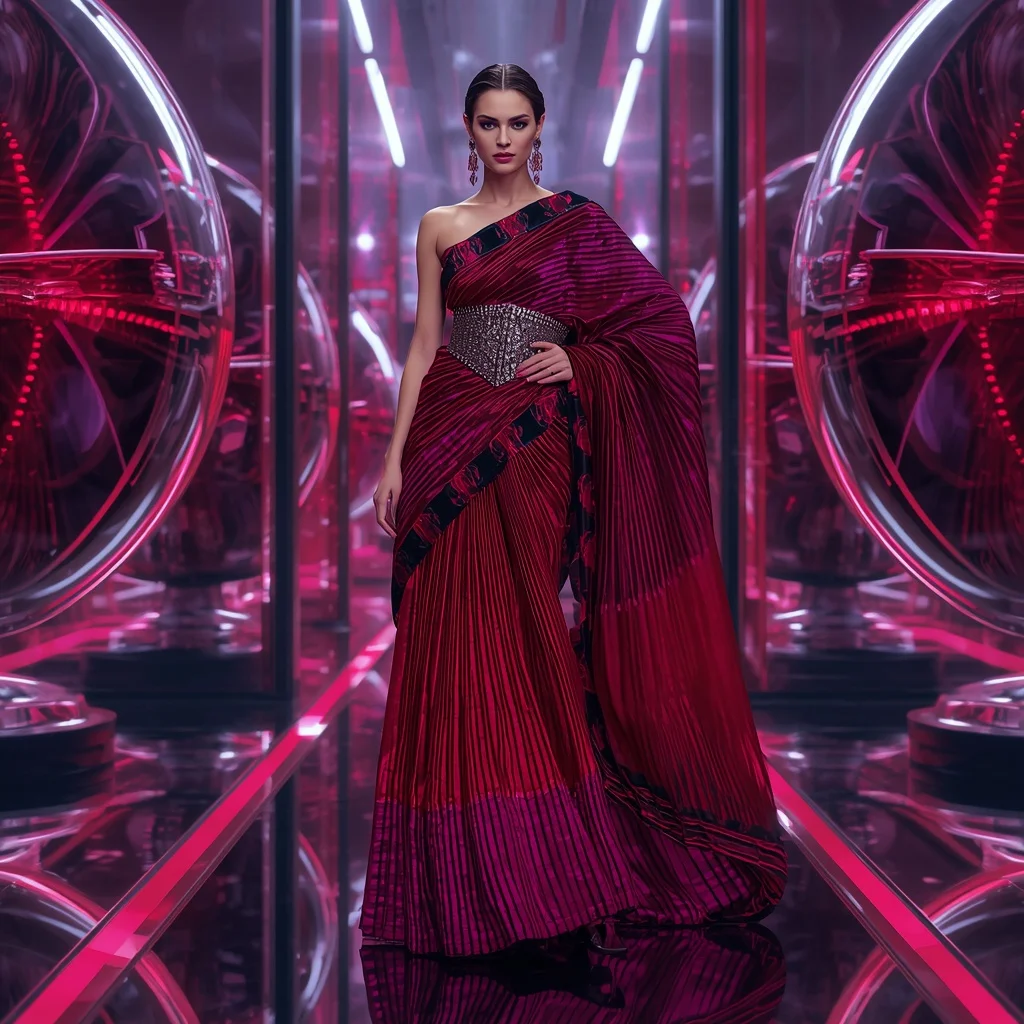 Ruby Voltage Infinity Saree with Mirror Sphere Neon Dimensions | Bridal Ai Prompt