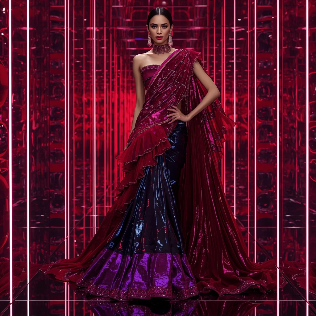 Ruby Voltage Mirage Saree with Mirror Sphere Neon Corridors | Ai Video Generator Prompt