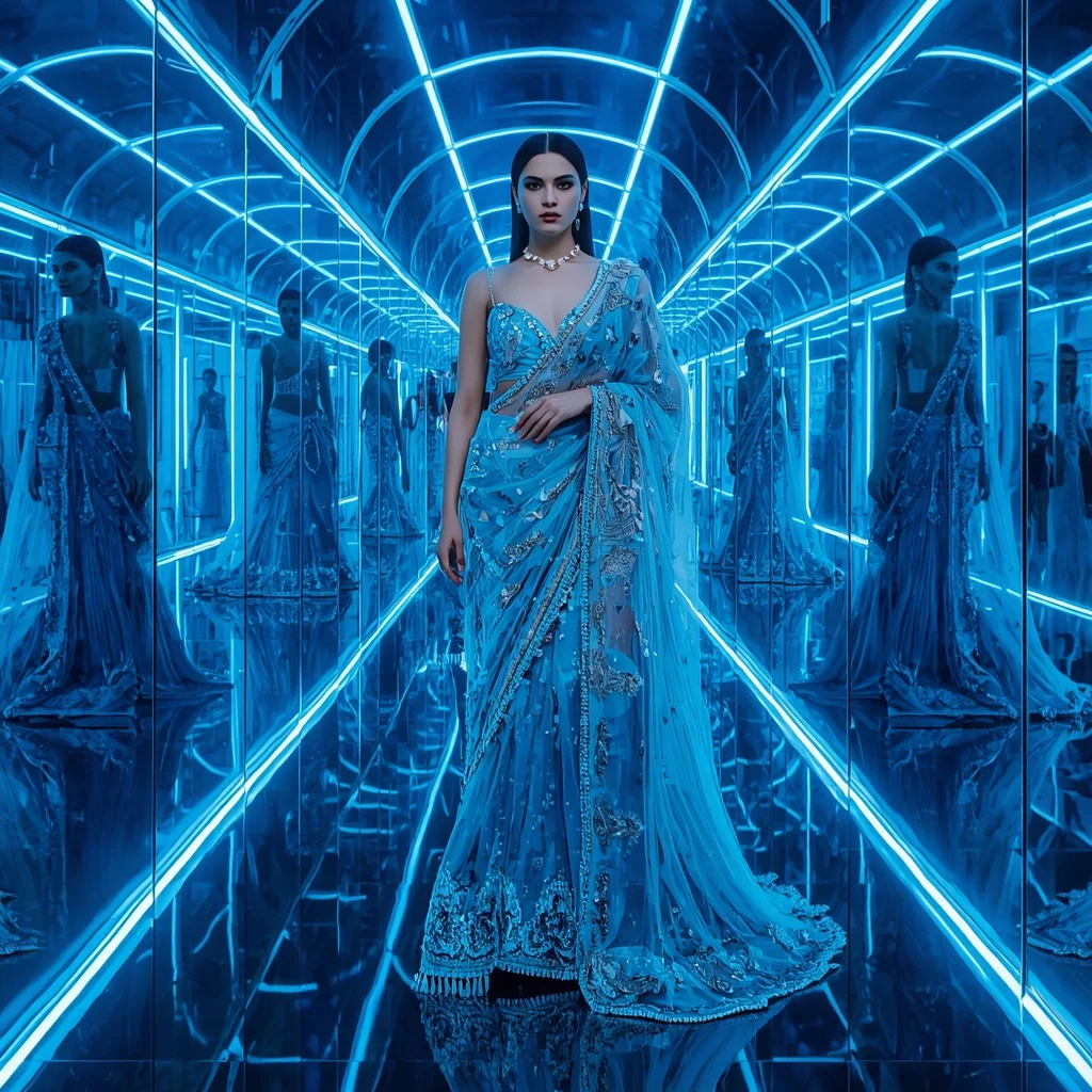 Sapphire Aurora Crystal Saree with Neon Infinity Mirror Corridor | New Instagram Trend Prompt For Girl