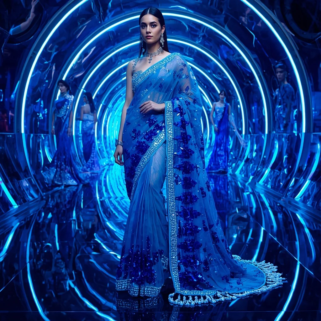 Sapphire Aurora Crystal Saree with Neon Infinity Orbit Palace | Gemini Photo Prompt