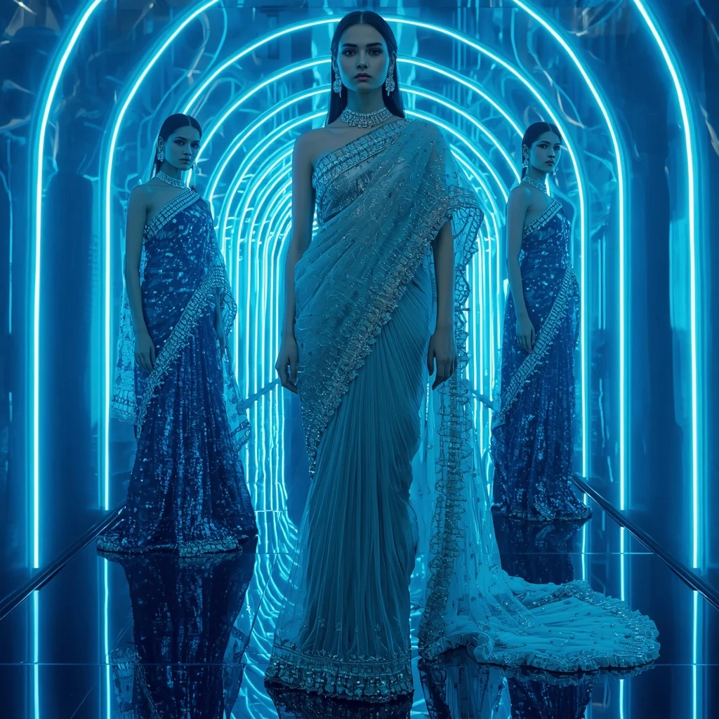 Sapphire Aurora Crystal Saree with Neon Prism Corridor | Image To Prompt