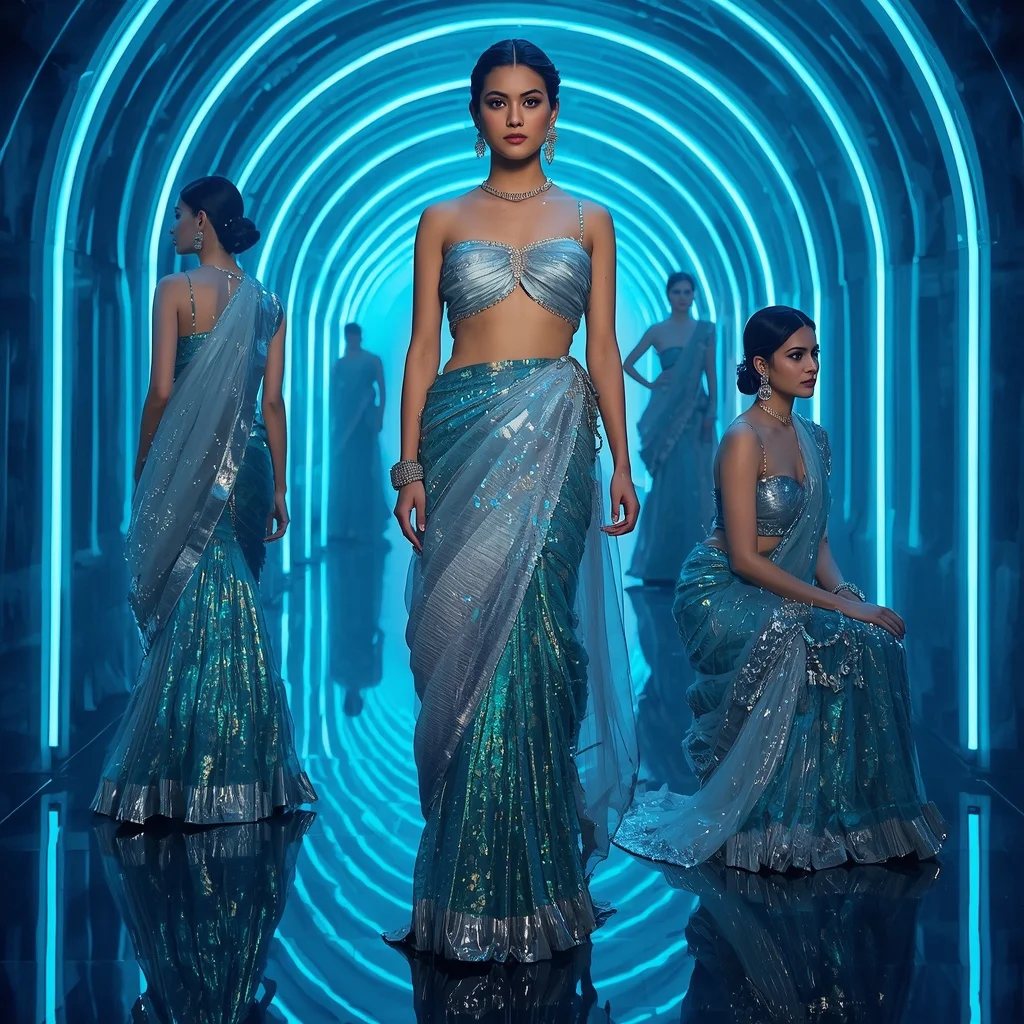 Sapphire Aurora Crystal Saree with Neon Prism Hall | Ai Video Generator Prompt