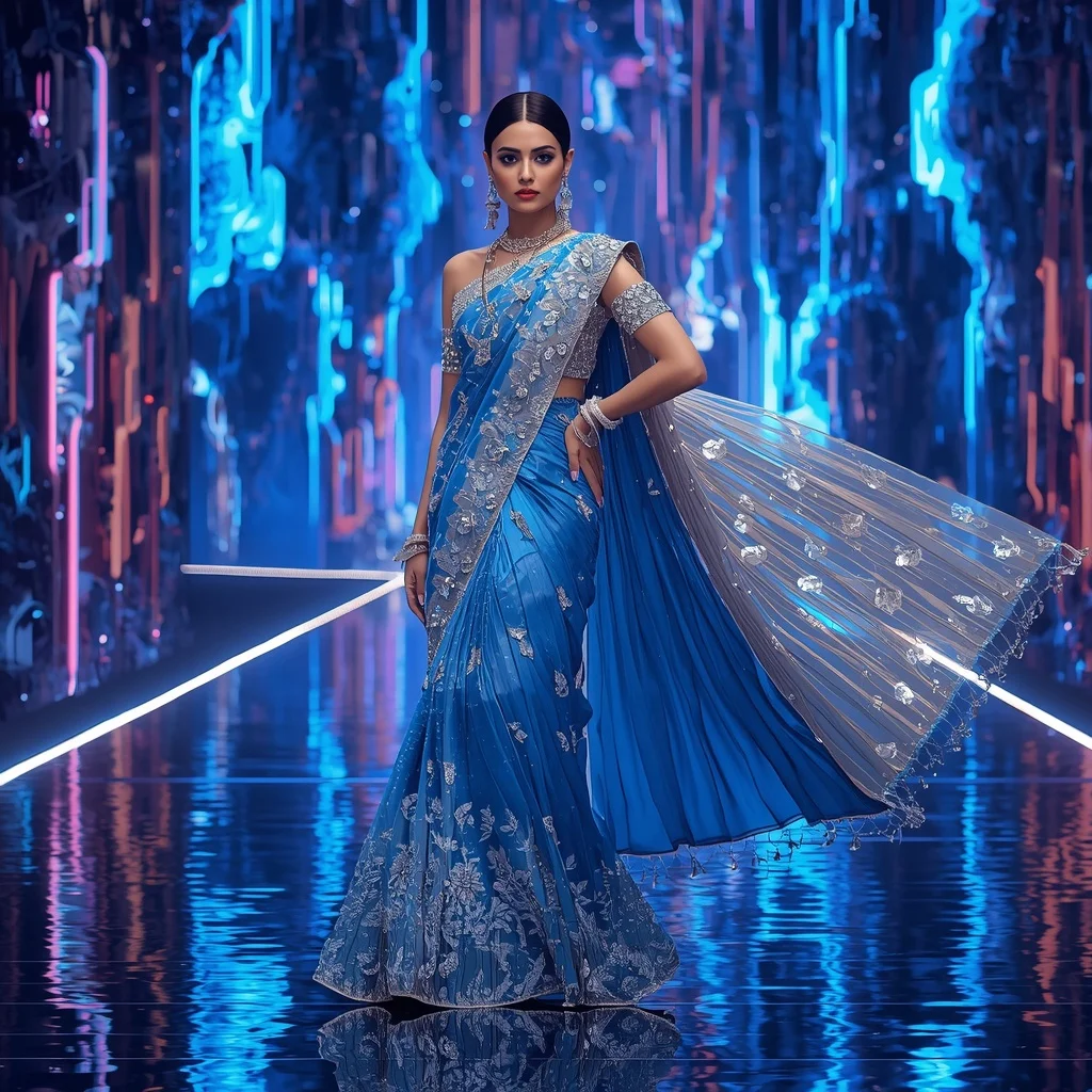 Sapphire Aurora Fantasy Saree with Floating LED Fortress | Realistic Ai Prompt