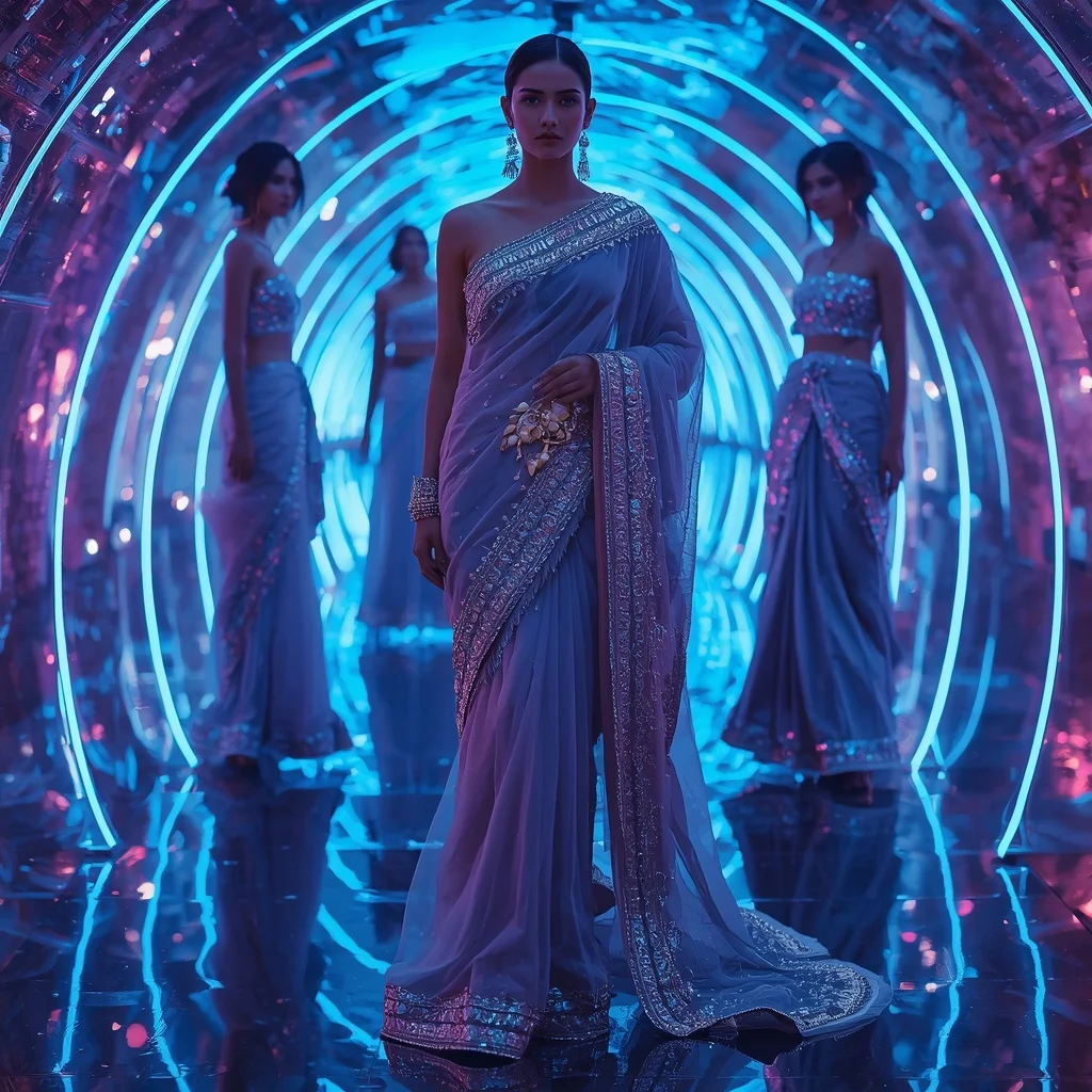 Sapphire Aurora Flame Saree with Neon Infinity Crystal Tunnel | Ai Girl Image Prompt