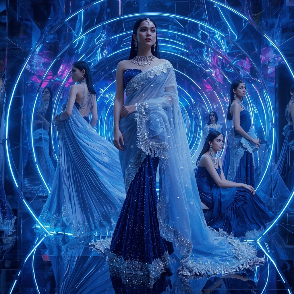 Sapphire Aurora Galaxy Saree with Neon Crystal Infinity Dome | Instagram Post Ai Prompt