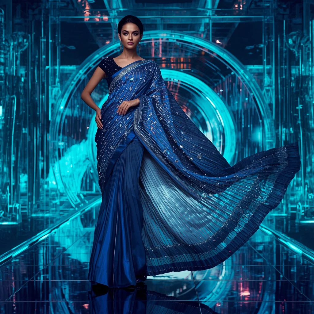 Sapphire Aurora Infinity Saree with Crystal Water Galaxy Dome | Woman Pose Ai Prompt