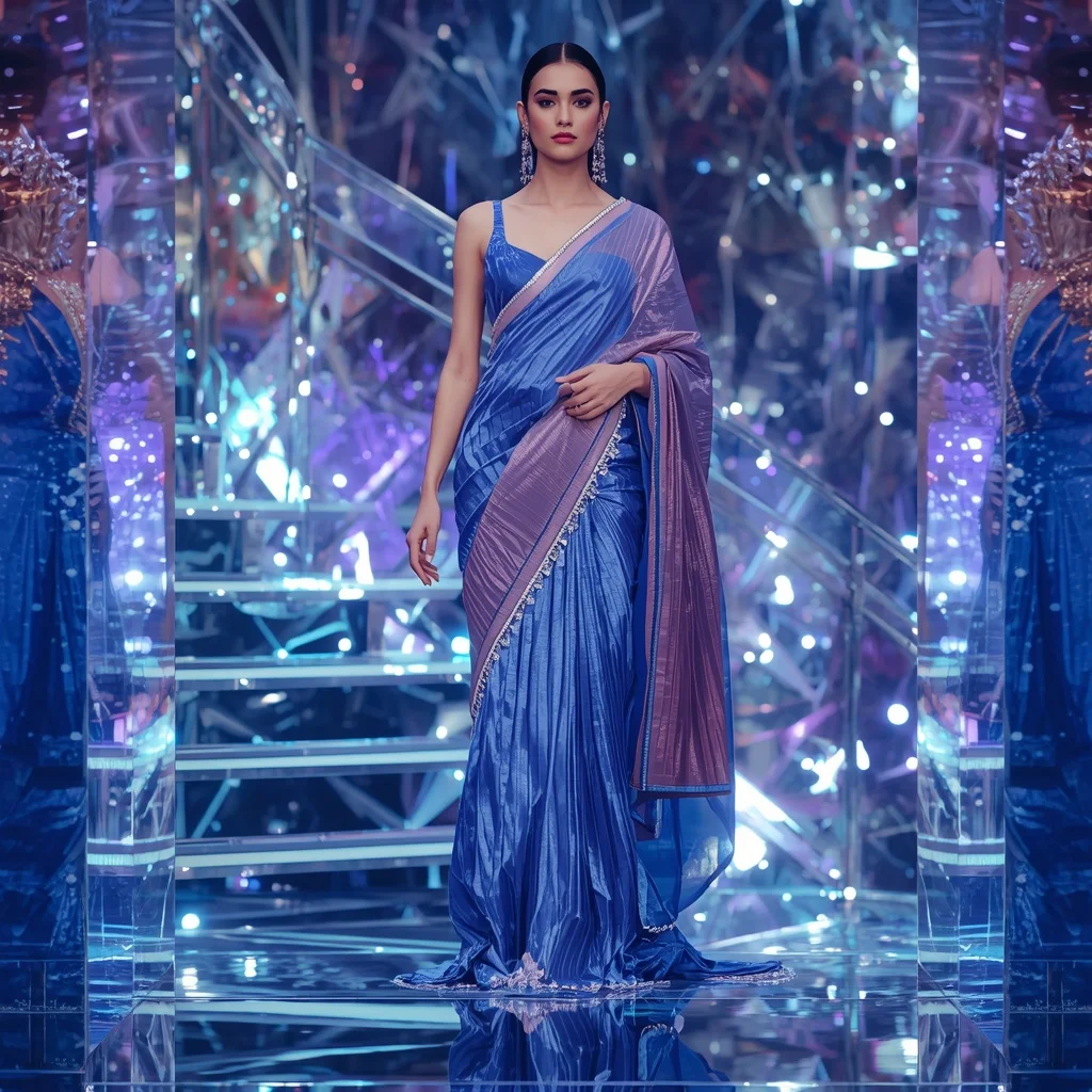 Sapphire Aurora Mirage Saree with Floating Prism Reflection Infinity Orbit Staircase | Prompt For Gemini AI Girl Model