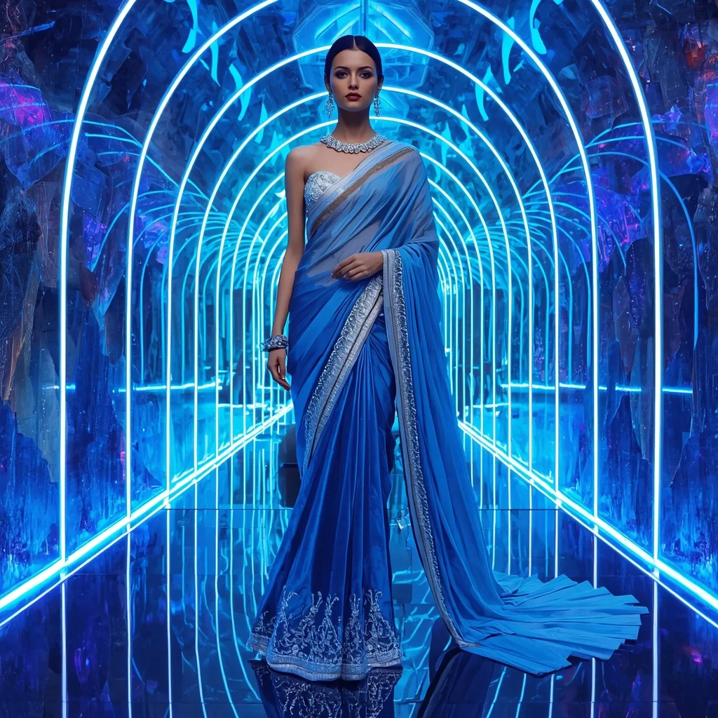 Sapphire Aurora Mirage Saree with Neon Crystal Corridor | Prompt Gemini Ai