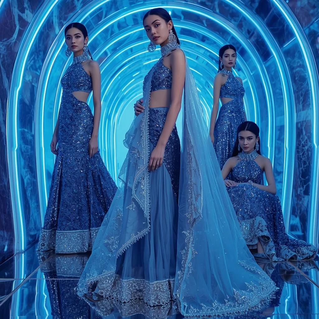 Sapphire Aurora Mirage Saree with Neon Crystal Corridor | Gemini Ai Prompt