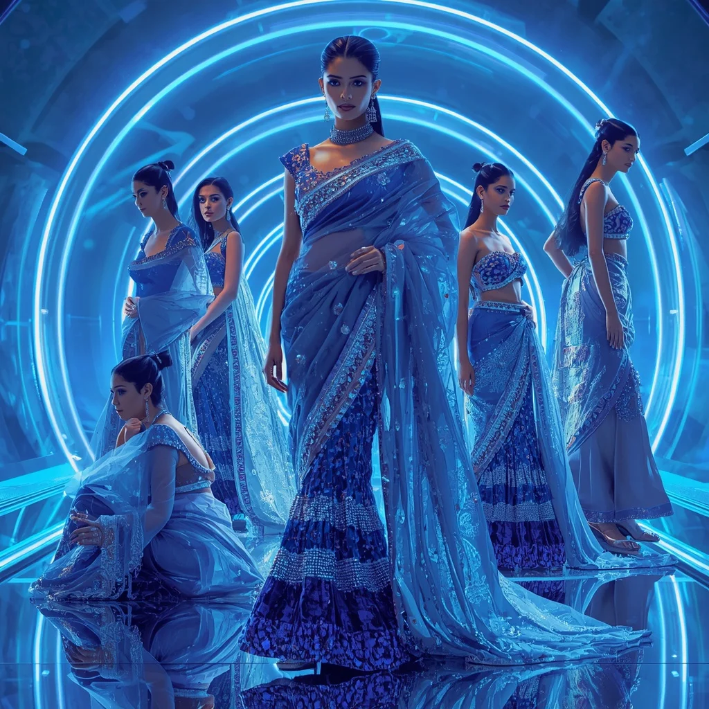Sapphire Aurora Mirage Saree with Neon Crystal Orbit Temple | Editing Prompt Girl