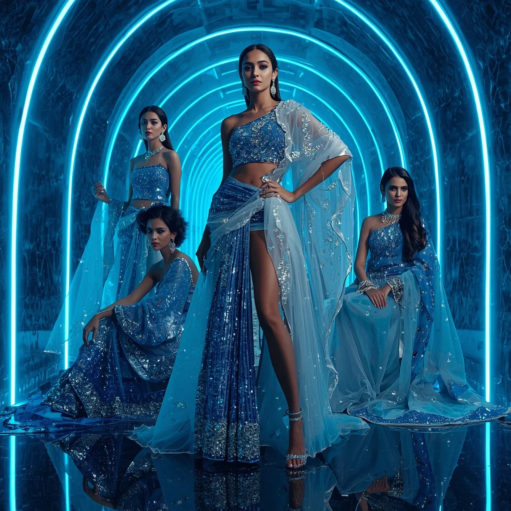 Sapphire Aurora Queen Saree with Neon Crystal Corridor | Copy Paste Ai Prompt