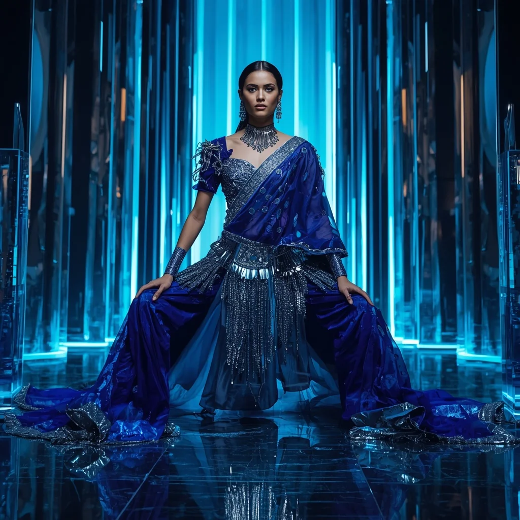 Sapphire Blade Inferno Saree with Neon Crystal Citadel | Cute Ai Prompt