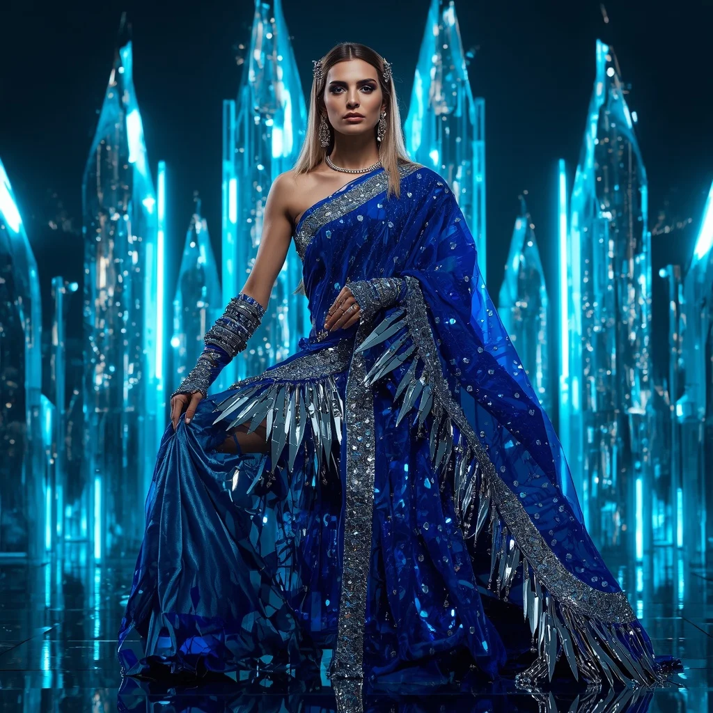 Sapphire Blade Royale Saree with Neon Crystal Fortress | Trending Prompt Girls Instagram