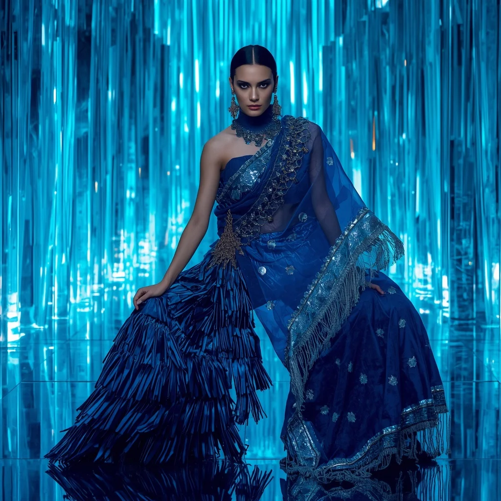 Sapphire Blade Storm Saree with Neon Crystal Palace | Saree Prompt For Gemini Ai