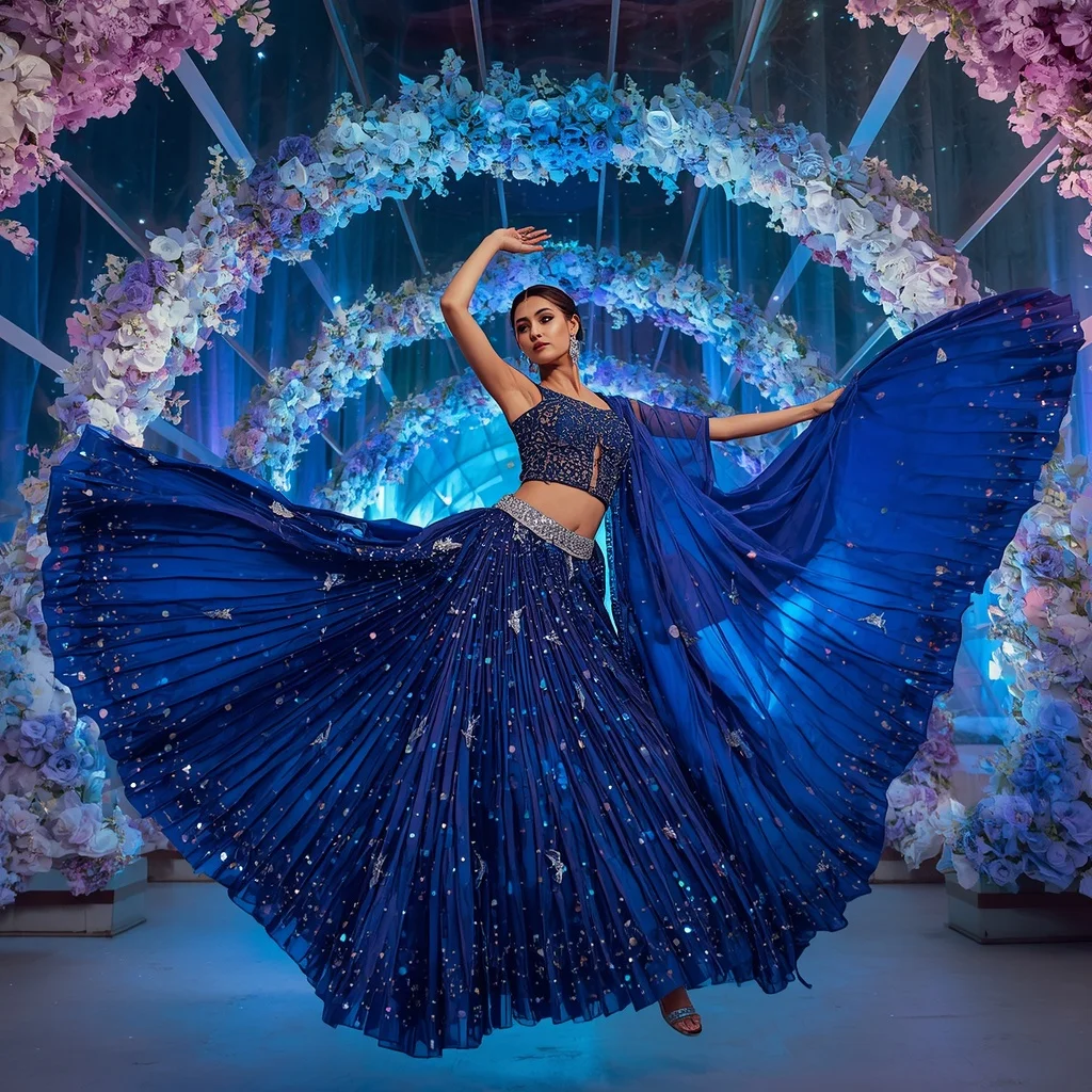 Sapphire Butterfly Aurora Saree with Celestial Crystal Garden Dome | Chatgpt Photo Editing Styles For Girl