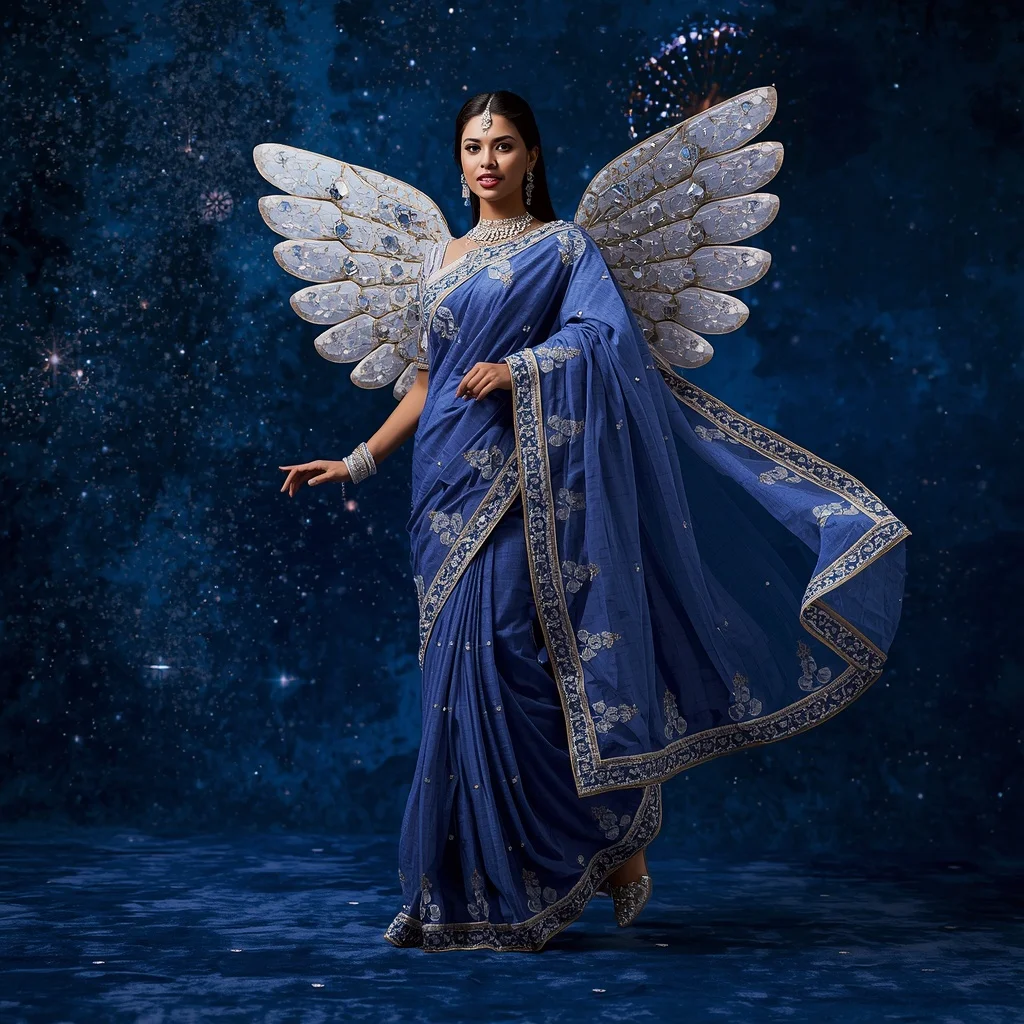 Sapphire Crownmirage Royale Saree with Crystal Orbit Eternaverse and Velvet Prism Dreamfalls | Kurti Look Ai Prompt