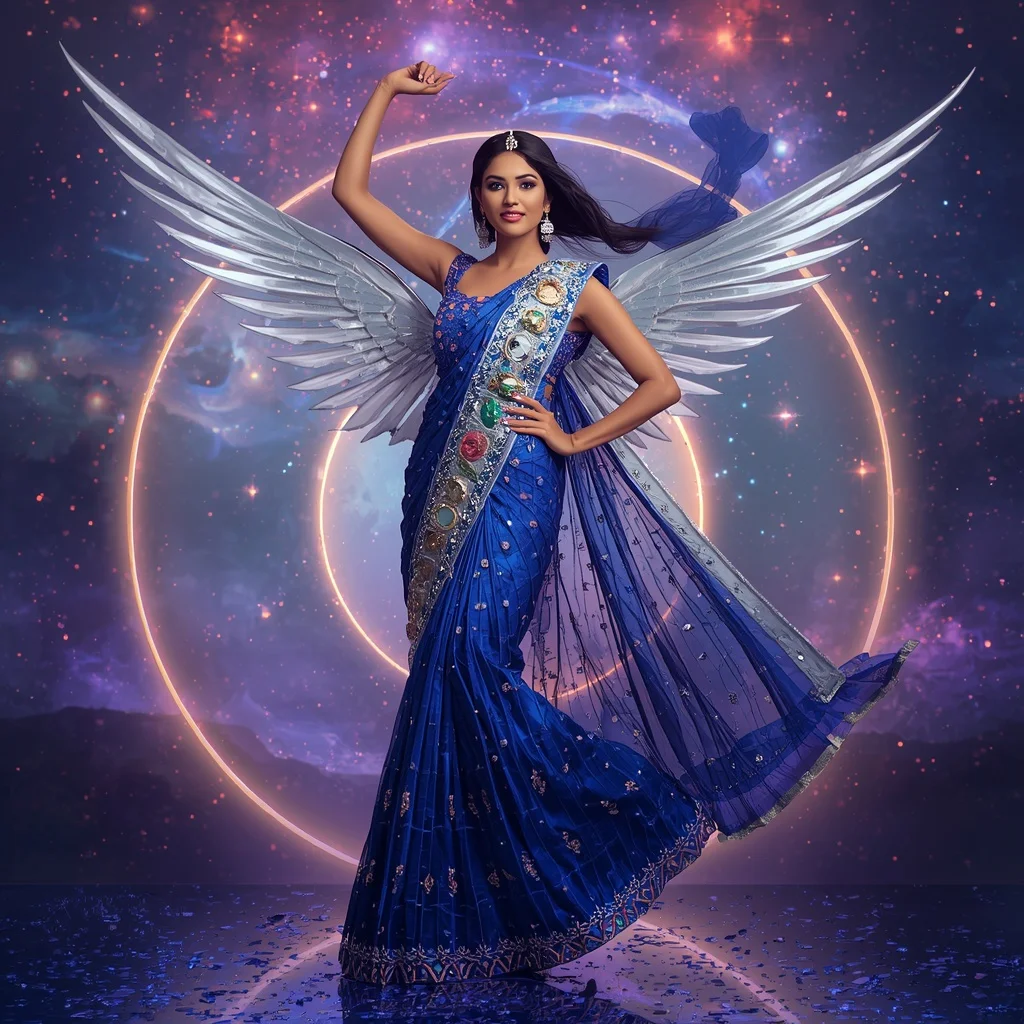 Sapphire Crownnova Divinique Saree with Crystal Orbit Eternadome and Velvet Prism Celestialgates | Festival Look Ai Prompt