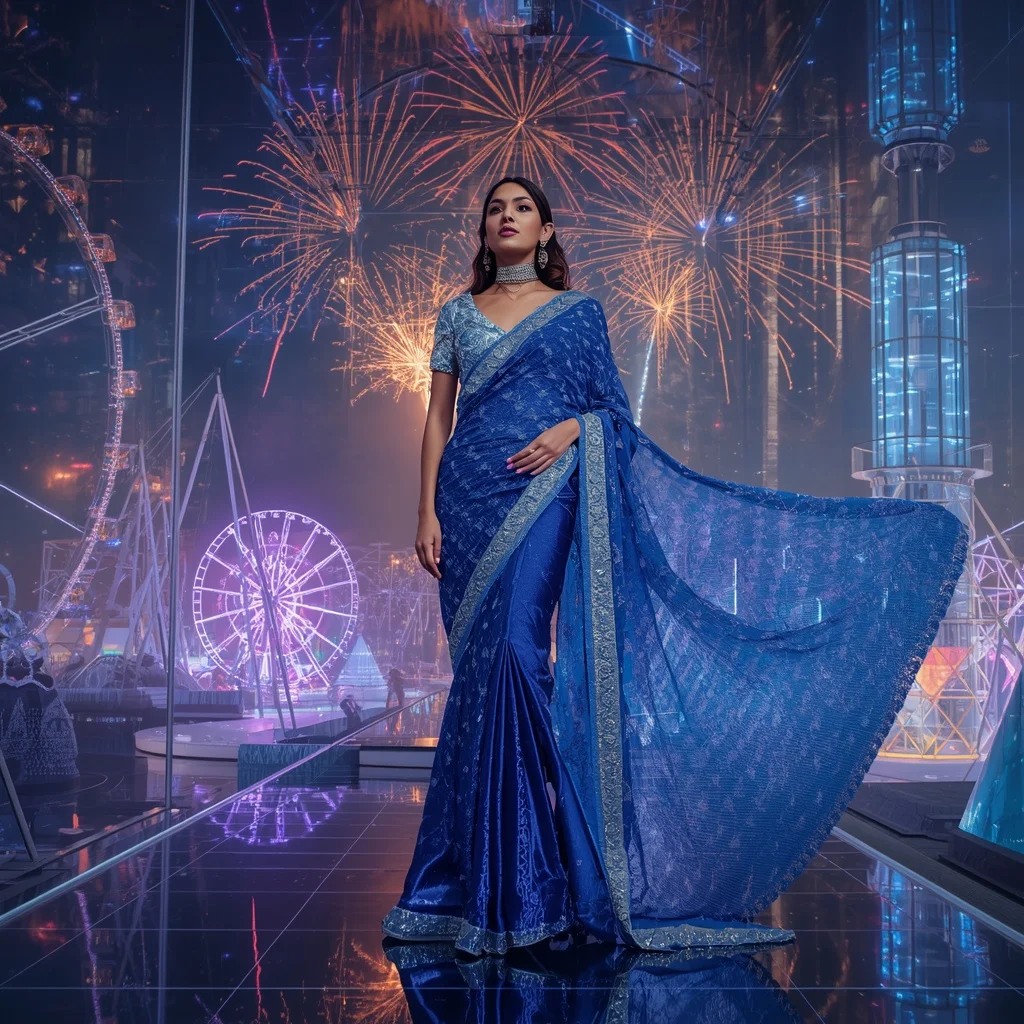 Sapphire Crystal Carnival Saree with Floating Celebration Empire | New Instagram Trend Prompt For Girl And Boy Aesthetic