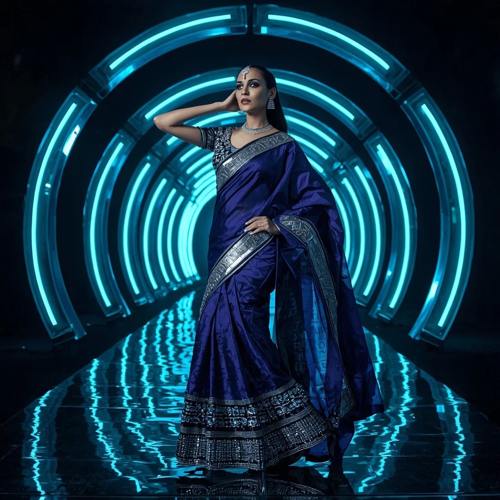 Sapphire Crystal Eclipse Saree with Floating Arc Reflection Orbit Infinity Pavilion | Easy Ai Prompt