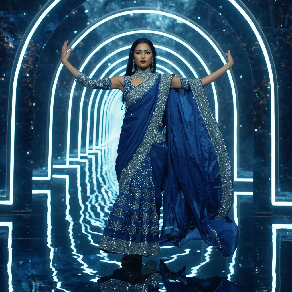 Sapphire Crystal Mirage Saree with Floating Arc Reflection Galaxy Infinity Atrium | Desi Girl Ai Prompt