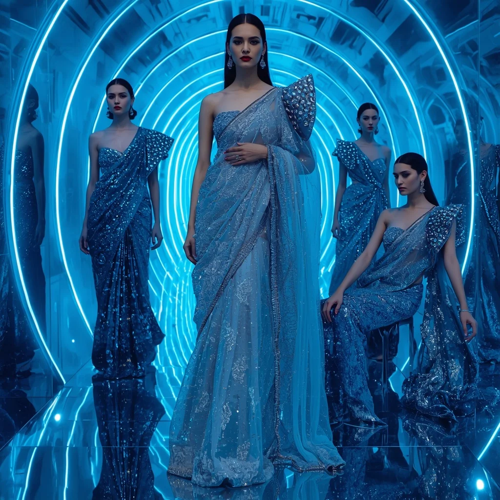 Sapphire Crystal Mirage Saree with Neon Aurora Corridor | Fantasy Ai Prompt