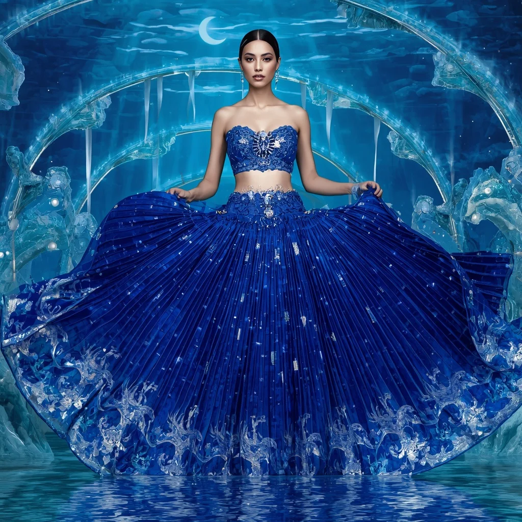 Sapphire Crystal Whale Saree with Floating Ocean Arches and Moonwater Kingdom | Female Model Ai Prompt
