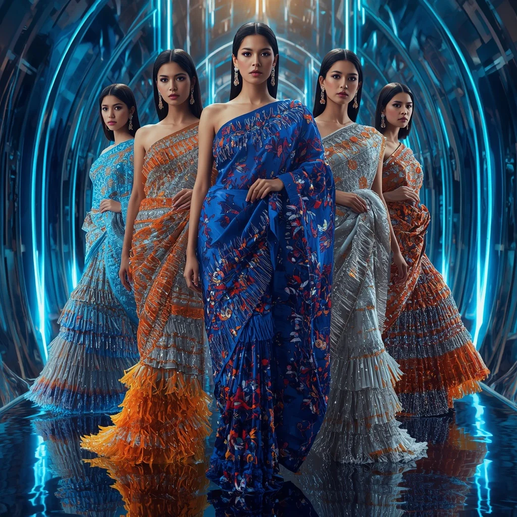 Sapphire Flame Hyperverse Saree with Multi Motion Poses and Neon Water Prism Eternal Hyperworld | Gemini Ai Photo Prompt