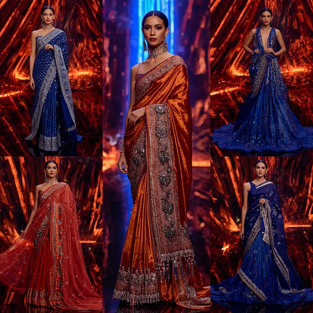 Sapphire Flame Queen Saree with Neon Lava Infinity Citadel | Prompt Seen Girls AI Photo Editing