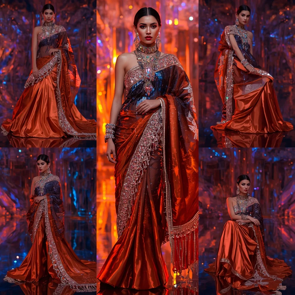Sapphire Flame Queen Saree with Neon Lava Infinity Crystal Fortress | Hd Image Prompt