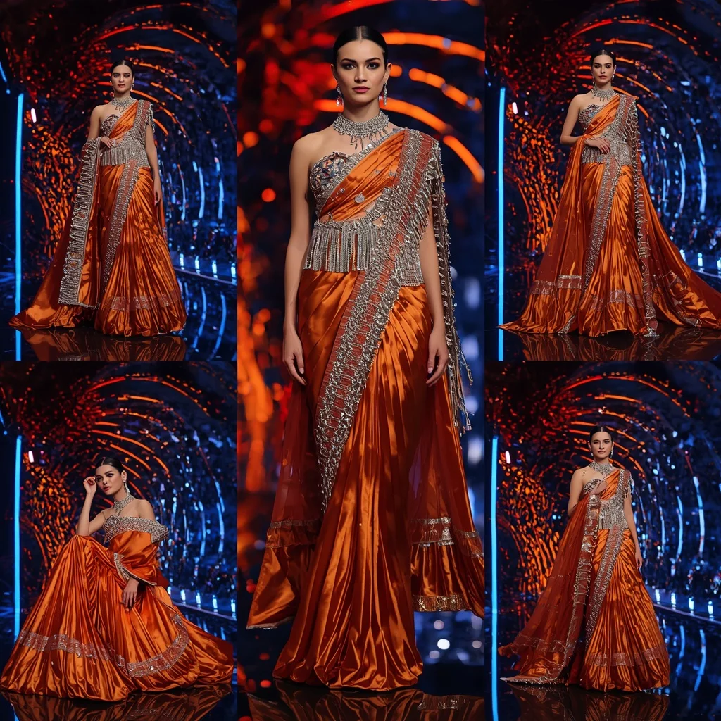 Sapphire Flame Queen Saree with Neon Lava Orbit Fortress | Free Ai Prompt