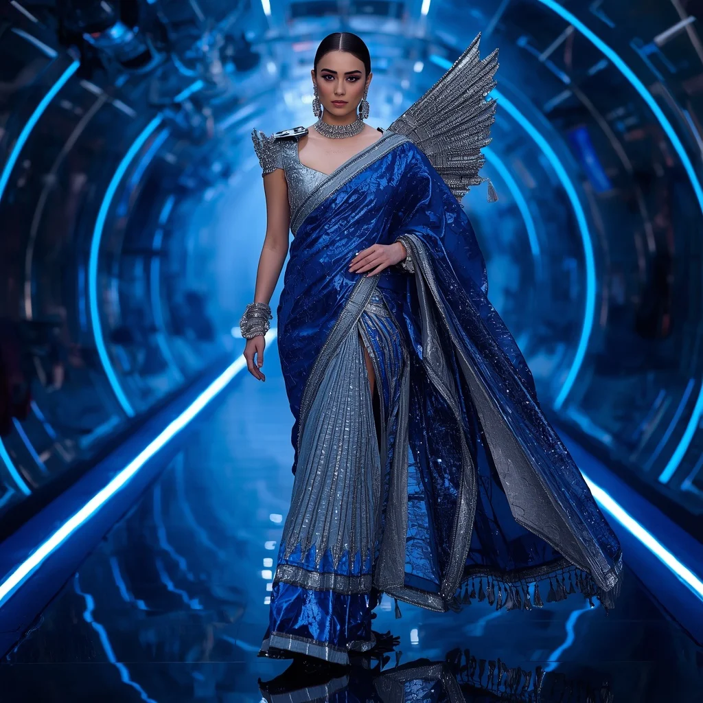 Sapphire Galaxy Crystal Saree with Floating Laser Tunnel | Maharashtrian Navari Saree Prompt