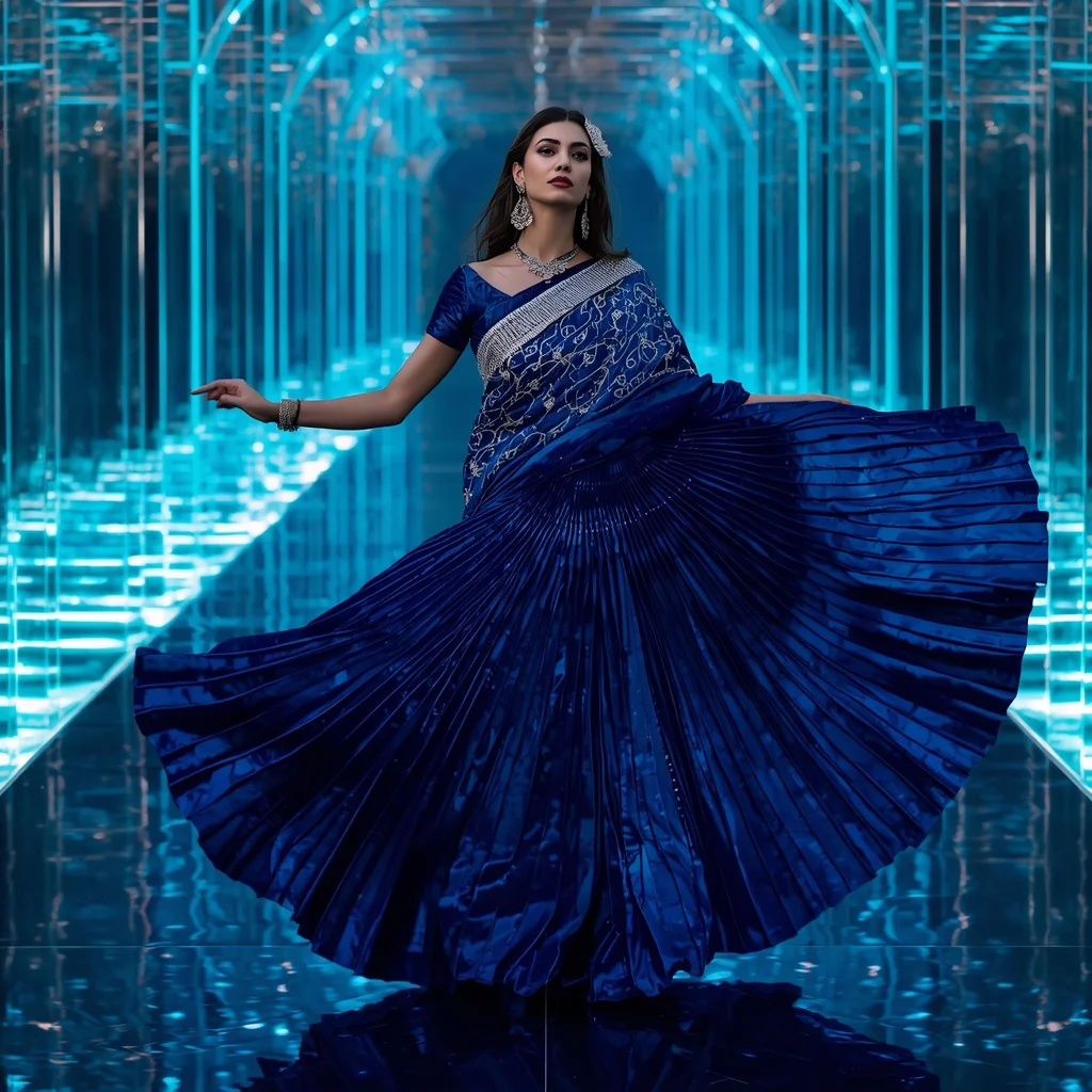 Sapphire Ice Aurora Saree with Crystal Water Infinity Hallways | Trending Prompt Girls Traditional