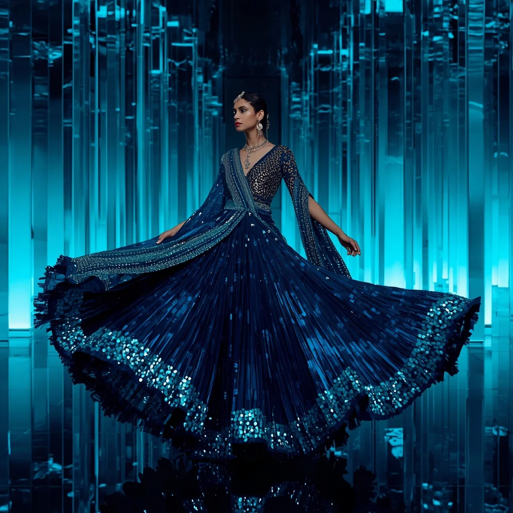 Sapphire Ice Eclipse Saree with Infinity Crystal Water Universes | Trending Girl Photo Prompt